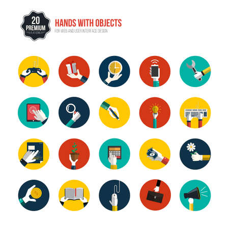 Hands with object icons set. Flat Design.のイラスト素材