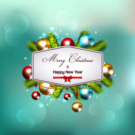 Christmas background with fir twigs and balls decorationsのイラスト素材