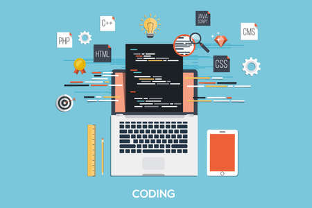 Flat design modern concept of process web page coding and programming on laptop with workflow...
