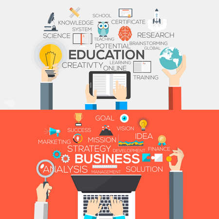 Flat Designed Banners Concept of Education and business. Icons Collection of Creative Work Flow Items and Elements. Vectorのイラスト素材