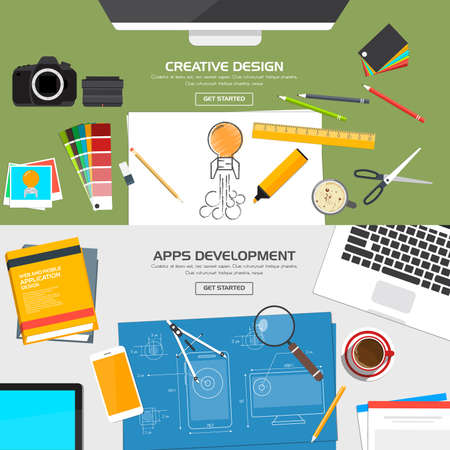 Flat Designed Banners Concept of Creative Design and Apps Development. Icons Collection of Creative Work Flow Items and Elements. Vectorのイラスト素材