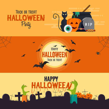 Happy halloween banners. Set of flat designed elements. Vector Illustrationのイラスト素材