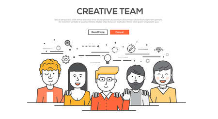Flat Line design graphic image concept, website elements layout of  Creative team. Icons Collection of Creative Work Flow Items and Elements. Vector Illustrationのイラスト素材
