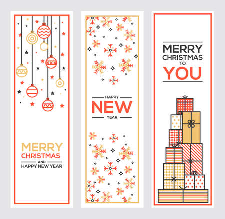 Set of flat line design Christmas and New Year's greeting cards. Vector Illustrationのイラスト素材
