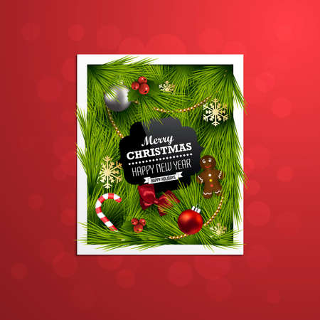 Christmas Label Made of Pine Branches and Decorated with Colored Baubles, sweets, snowflakes, bow and berries. Vectorのイラスト素材