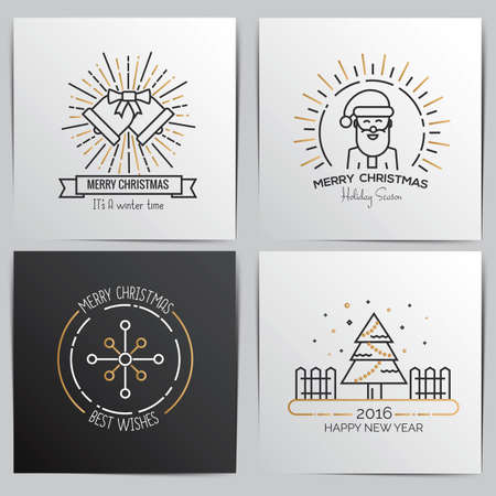 Merry Christmas outline greeting cards with xmas tree, christmas bells, Santa Claus and snowflake elements. Can be used for holiday invitation or greeting card.Vector Illustrationのイラスト素材