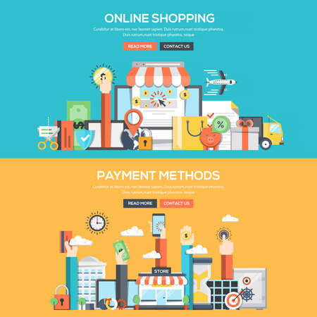 Set of Flat Color Banners Design Concepts for Online Shopping and Payment Methods. Concepts web banner and printed materials.のイラスト素材