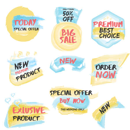 Set of hand drawn watercolor Sale Discount Banners and Labels. Vector Illustrationのイラスト素材