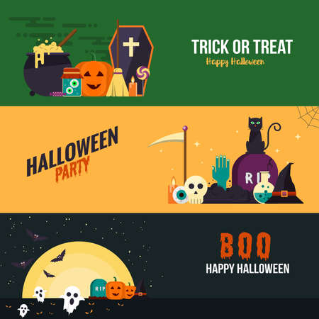 Happy halloween banners. Set of flat designed elements. Illustrationのイラスト素材