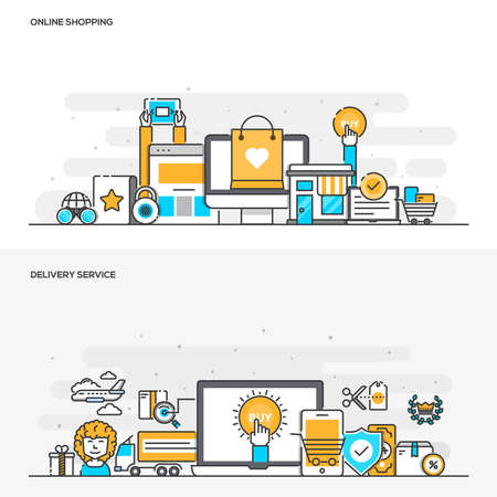 Set of Flat Line Color Banners Design Concepts for Online Shopping and Delivery Service. Concepts web banner and printed materials. Illustrationのイラスト素材