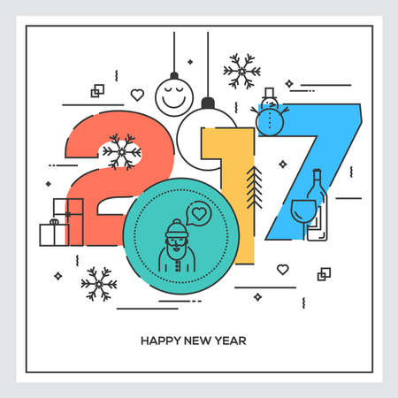 Flat Thin Color Line Concept of Happy New Year 2017, trendy and minimalistic card or background. Modern Thin Contour Line Design. Illustartionのイラスト素材