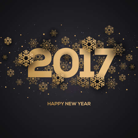 Abstract Happy New Year winter design with golden snowflakes on dark background. Vector Illustrationのイラスト素材