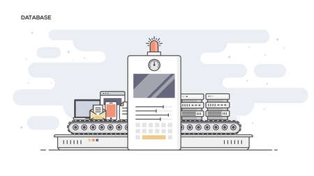 Thin line flat design banner of factory for sorting databases and servers for website and mobile website, easy to use and highly customizable. Modern vector illustration concept, isolated on white background.のイラスト素材