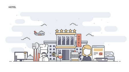 Thin line flat design banner of Hotel for website and mobile website, easy to use and highly customizable. Modern vector illustration concept, isolated on white background.のイラスト素材