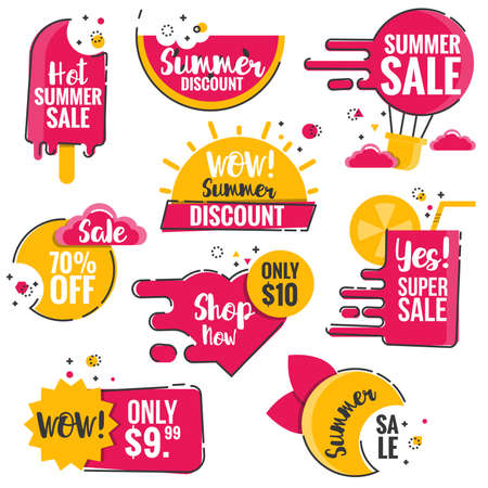 Collection of Sale Discount Styled origami Banners, Labels, Tags, Emblems. Yellow and pink summer color theme. Flat outline design Vector illustrationのイラスト素材