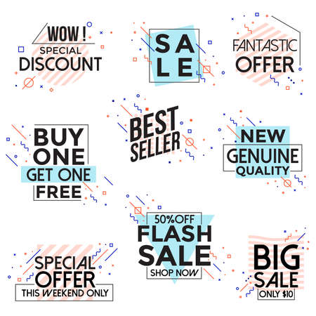 Vivid Collection of Sale Discount Styled Banners, Labels, Tags, Emblems. Flat geometric bubble and shapes. Vintage color and simple shapes, lines, stripes, circles, outline flashes. Vector Illustrationのイラスト素材