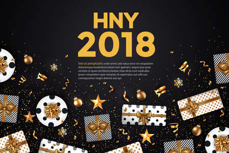 Abstract Modern Merry Christmas and Happy New Year 2018 card with label, winter design with golden ornaments, gift boxes and snowflakes on dark background. Vector Illustrationのイラスト素材