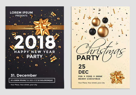 Christmas and Happy New Year Brochure Design Layout Template in A4 size with golden ornaments, gift boxes and snowflakes on dark backgroun. Party poster. Vector Illustrationsのイラスト素材