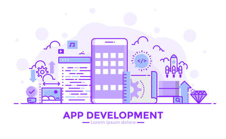 Thin line smooth purple and blue flat design banner of apps development for website and mobile website, easy to use and highly customizable modern vector illustration concept, isolated on white background.のイラスト素材