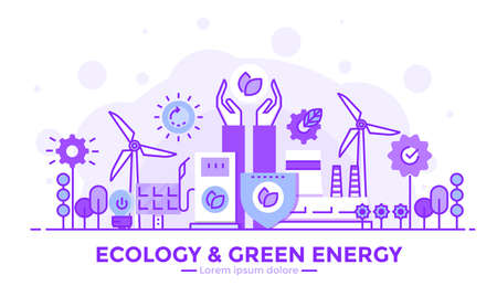 Thin line smooth purple and blue flat design banner of Ecology and Green Energy for website and mobile website, easy to use and highly customizable. Modern vector illustration concept, isolated on white background.のイラスト素材