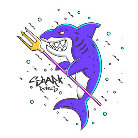 Cute shark with typography design for poster and print design. Shark Rules . T-Shirt, Poster or Flyer design. Vector Illustrationのイラスト素材