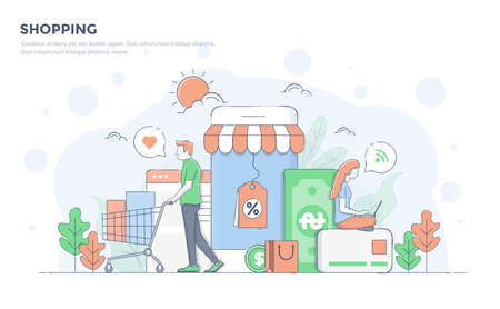 Modern flat line color design, hand drawn Line Business concept for Shopping, easy to use and highly customizable. Modern vector illustration concept, isolated on white background.のイラスト素材