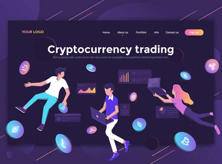 Modern flat design isometric concept of Cryptocurrency Trading for website and mobile website. Landing page template, dark theme. Easy to edit and customize. Vector illustrationのイラスト素材