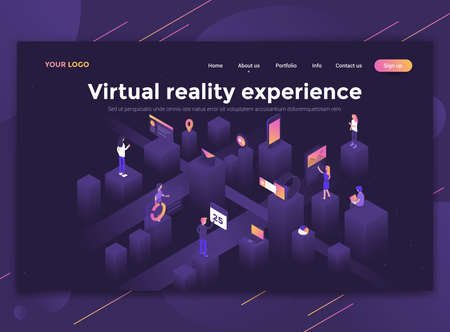 Modern flat design isometric concept of Virtual reality experience for website and mobile website. Landing page template, dark theme. Easy to edit and customize. Vector illustrationのイラスト素材