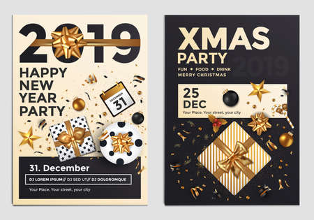 Christmas and Happy New Year Brochure Design Layout Template in A4 size with golden ornaments, gift boxes and snowflakes on dark backgroun. Abstract Modern Backgrounds, Party poster. Vectot Illustrations