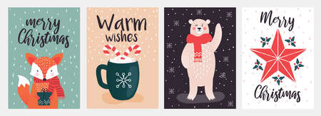 Set of flat modern hand drawn Christmas and New Year greeting cards design.Trendy Christmas Design...