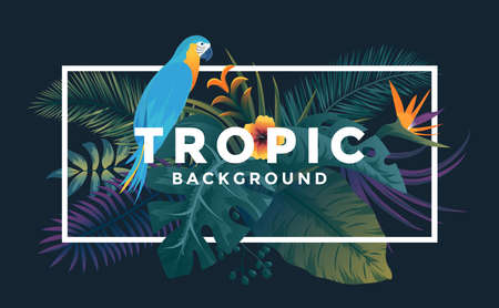 Tropical background with jungle plants. Frame with tropic bird and leaves, can be used as Exotic...