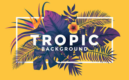 Tropical background with jungle plants. Frame with tropic leaves on yellow background, can be used as Exotic wallpaper, Greeting card, poster, placard. Vector Illustrationのイラスト素材