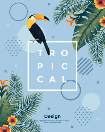 Tropical background with jungle plants. Frame with tropic leaves and Toucan, can be used as Exotic wallpaper, Greeting card, poster, placard. Vector Illustrationのイラスト素材