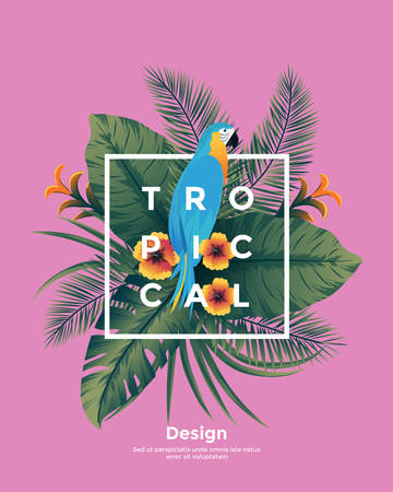 Tropical background with jungle plants. Frame with tropic leaves and Parrot, can be used as Exotic wallpaper, Greeting card, poster, placard. Vector Illustrationのイラスト素材