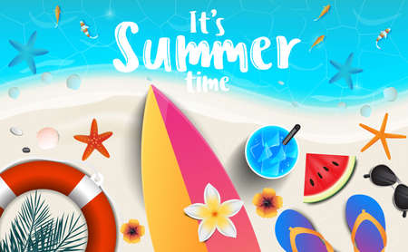 It's summer time vector banner background template.Tropical plants, flower, beach ball, sunglasses,...