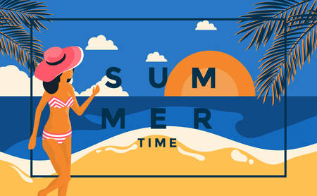 Flat Design Summer Holiday poster. Frame with young girl on the beach, can be used as Exotic wallpaper, Greeting card, poster, placard. Vector Illustrationのイラスト素材