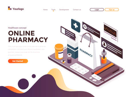 Modern flat design isometric concept of Online Pharmacy for website and mobile website. Landing page template. Easy to edit and customize. Vector illustrationのイラスト素材