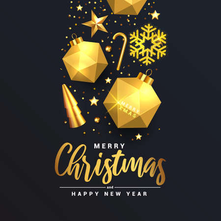 Modern Merry Christmas and Happy New Year greeting card design, winter design with golden ornaments on festive black luxury background. Vector Illustrationのイラスト素材
