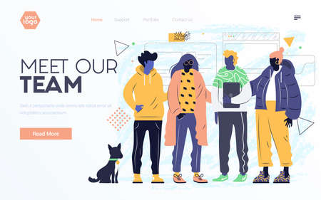 Landing page template or presentation template of Meet our team. Young people team work together. Modern flat design businss concept. Easy to edit and customize. Vector illustrationのイラスト素材