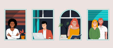 Stay at home, concept design. Set of different types of people looking out and communicating with...