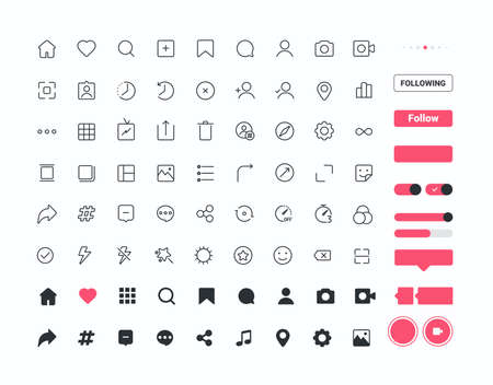 Set of 72 Social media icons and Ui elements, thin line style, Vector illustrationのイラスト素材