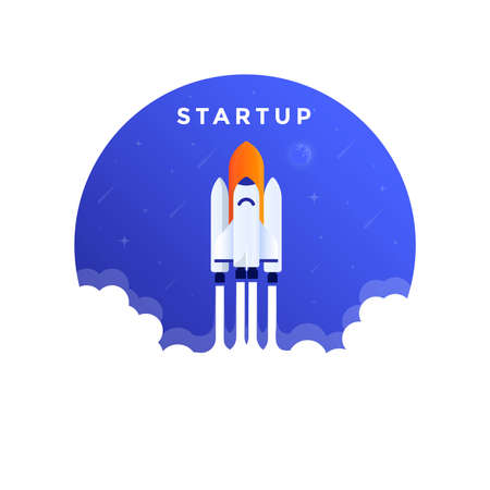 Space rocket or spaceship launching into space with stars and planets. Business startup, new project concept. Vector Illustrtionのイラスト素材
