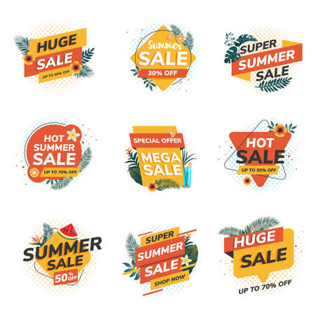 Collection of Summer Sale Discount Styled origami Banners, Labels, Tags, Emblems. Vectorのイラスト素材