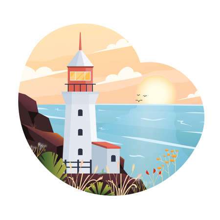 Beautiful summer landscape flat design concept. Lighthouse by the sea or ocean. Beacon in ocean for navigation illustrationのイラスト素材