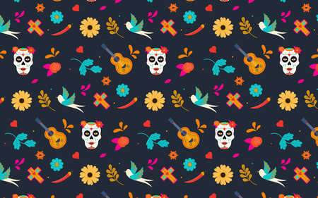 Day of the dead, Dia de los muertos background and seamless pattern. Vector Illustrationのイラスト素材