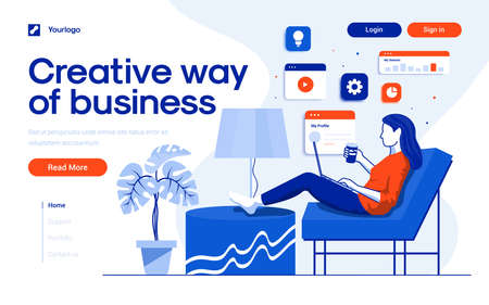 Landing page template of Creative way of business. Young woman work on creative way on her laptop. Modern flat design concept of web page design for website and mobile website. Easy to edit and customize. Vector illustrationのイラスト素材