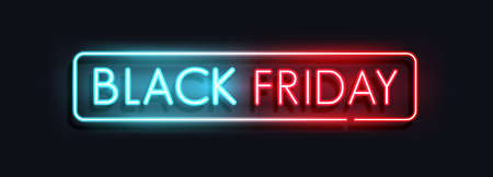 Black Friday Sale neon sign. Modern neon red and blue billboard on brick wall. Concept of advertising for seasonal offer with glowing neon text. Vector Illustrationのイラスト素材