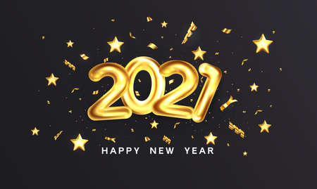 Happy New Year 2021 greeting card. Holiday design of golden metallic numbers 2021 on dark...