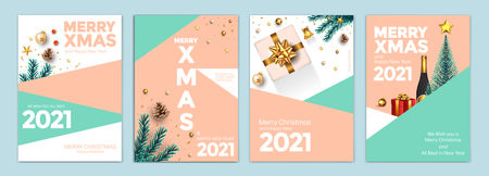 Merry Christmas and Happy New Year backgrounds, greeting cards, posters, holiday covers. Design with realistic New Year's eve and  Christmas ornaments. Vector Illustration Xmas festive templatesのイラスト素材