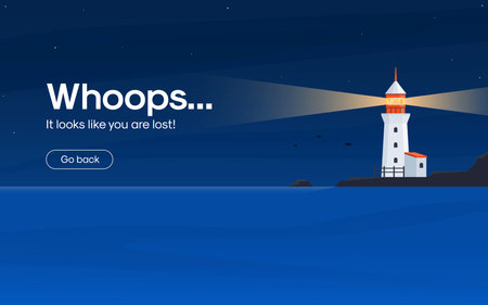 Flat design concept for page not found 404 error. Lighthouse with rays of light in the sea shore,...